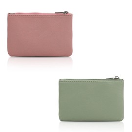 Energather Coin Bag 2pcs, PU Leather Small Coin Pouch Small Coin Purses for Women and Girls, Coin Holder Small Pouch with Zipper for Credit Card, Cash (Pink+Green)