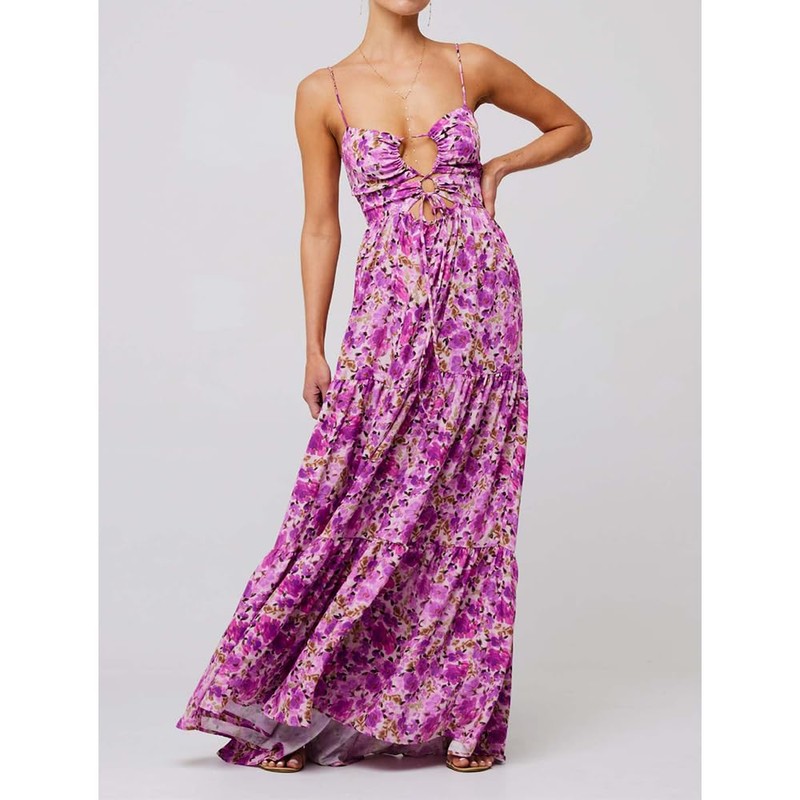 ABYOVRT Women Floral Maxi Dress Tie Front Cut Out Backless