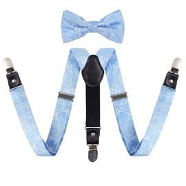 Alizeal Boys Adjustable Floral Paisley Pre-tied Bow Tie and Y Shape 3 Clips Braces Set, Light Blue