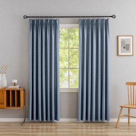 ABBRIGE Two Pages Blue Pinch Pleated Faux Linen Drapes 84 Inches Long with Pin Hooks - Mid Century Modern Farmhouse Curtains for Living Room Curtains - Light Filtering Curtains 60% Blackout
