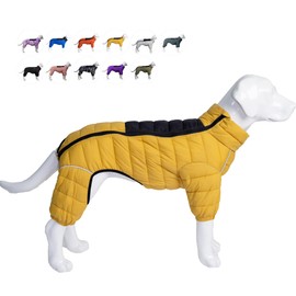Dog Coat Dog Warm Jacket, 4 Legs Covered Waterproof Windproof Reflective Warm Dog Vest, Zippered Adjustable Outdoor Dog Snow Jacket for Small Medium Large Dogs Yellow XL