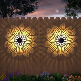 Hapjoy Solar Fence Lights 2 Pack Outdoor Deck Step Wall Lights Metal Waterproof LED Warm Yellow Light for Garden Post Patio Backyard Yard Decor (Flower, 2)