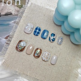 Short Square Press on Nails Handmade False Nails with 3D Designs/Charms, Cute Reusable Fake Stick on Acrylic Tips (Peacock Blue, Small)