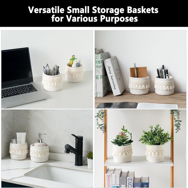 2 Pack Cotton Rope Desktop Organizer,Makeup Brush Holder,Mini Storage Basket,
