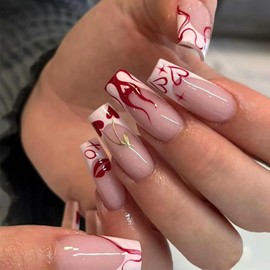 24Pcs Valentines Press on Nails Long Square Fake Nails with White French Tip Design Red Flame Heart False Nails Glossy Nude Pink Full Cover Artificial Glue on Nails Valentine's Day Nails for Women DIY