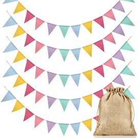 Alintor Bunting Outdoor Waterproof, 60 Flags Bunting Banner + Hessian Bag, Garden Bunting, Pastel Bunting, Imitated Linen Bunting Flags for Birthday, Party, Spring decorations