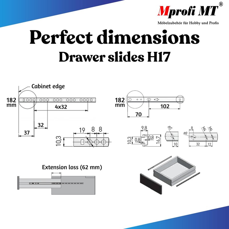 Mprofi MT® 4 Pieces, 2 Pairs | Drawer Runners 182mm