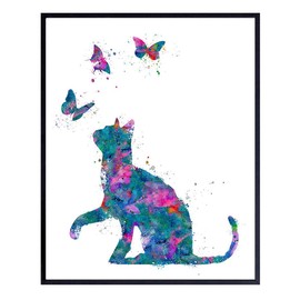 Cat Wall Art - Butterfly Room Decor, Home Decoration for Kids Bedroom, Living Room, Girls, Teens, Toddler, Baby Room or Nursery - Cute Cat Wall Decor Gift for Kitty, Pet Lover - Colorful Watercolor