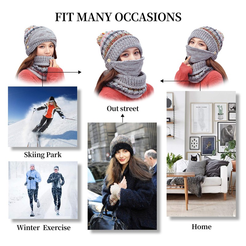 FANZERO Womens Girls Knit Beanie Scarf Mask Set Soft Warm