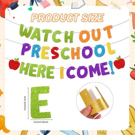 HOWAF Glitter Watch Out Preschool Here I Come Banner, Preschool Back to School Garland Banner for First Day of School Pre-k Photography Background, Kids Welcome Back Classroom Decor