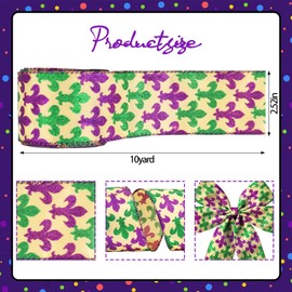 Glodecart Mardi Gras Ribbon for Wreath Bow Wrapping Gifts, Purple Green Glitter Mardi Gras Ribbon for Gift Wrapping Party Supplies Carnival Festival Decoration 2.5" X 10 Yard Mardi Gras Wreath Ribbon