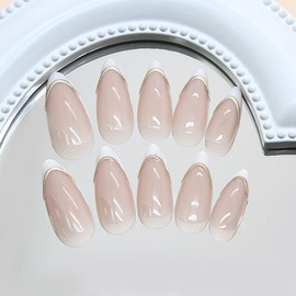 24Pcs White French Tip Press on Nails Medium Almond Fake Nails with 3d Gold Line Designs Full Cover Nude False Nails French Acrylic Nails Glossy Glue on Nails for Women Girls Manicure Nail Decoration