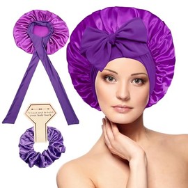 OWITER Satin Bonnet, Silk Sleep Bonnets for Women, Adjustable Satin Night Sleeping Cap Soft Elastic Band Silk Bonnets for Sleeping, Hair Bonnet + Scrunchies (Purple)