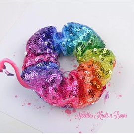 Needles Knots n Bows Rainbow Sequin Scrunchie, Boutique Hair Accessories, Hair Scrunchie,  FREE Ship