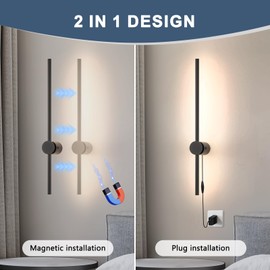 Pasoar Wall Sconces Set of Two with Remote, Stepless Colors 3000K-6500K & Stepless Dimming, USB Power Supply Plug-in, 360° Rotate, LED Matte Black Wall Sconces with Timer & Night Light 23.6 Inches