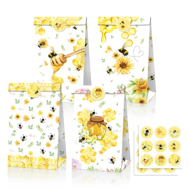 QYCX 12 Pcs Bee Mini Paper Candy Gift Bags with Stickers, Honey Bee Party Favor Goodie Bags Treat Bags Goody Bags, Bee Party Kids Treat Box, Honey Bee Treat Bag Sunflower Party Paper Bags for Bee Birthday Party Decoration Bee Party Accessories Sunflower 