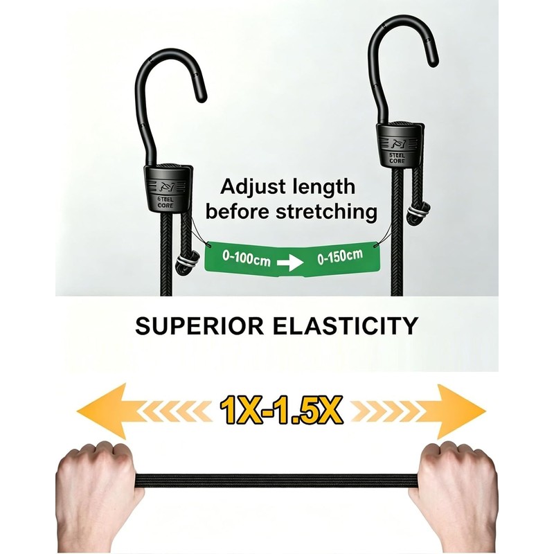 5 Pack 150cm (59 Inch) Adjustable Bungee Cords with Hooks