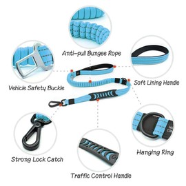 2 in 1 Dog Lead & Car Seat Belt, 150cm Reflective Anti-Shock Bungee Dog Leash with 2 Handles for Medium/Large Dogs - Pet Car Safety Harness (Blue)