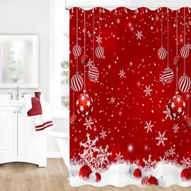 Caheansi Christmas Shower Curtain, Red Merry Xmas Glitter Sparkle Bokeh Snowflake Winter New Year Holiday Bathroom Curtain Waterproof Fabric Machine Washable with Hooks, 72" Wx72 L