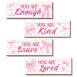 Pink Bow Room Decor Wood 4PCS Inspirational Wall Art Girls Bedroom Accessories Positive Quotes Girls Pink Wall Decor for Bathroom Bedroom Living Room