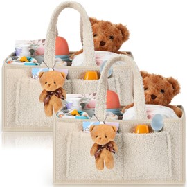 Teenyyou 2 Pack Baby Caddy Organizers Large Diaper Organizers Nursery Storage Basket with Handle Tiny Doll Ornament for Changing Table Baby Shower Gift Party Favor Car Stuff Newborn Essential(Beige)