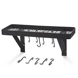 Old Dutch International Wall Mount Bookshelf Pot Rack with Grid & 8 Hooks, Matte Black, 24.5" x 9"