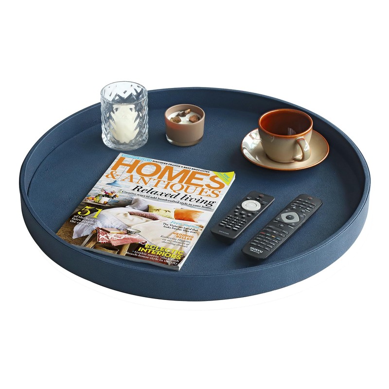HofferRuffer Large Round Serving Tray 24'', Elegant Faux Leather Circle