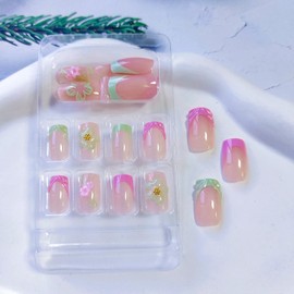 3D Handmade Press on Nails Medium Square Fake Nails with Flower Designs Green Pink French Tip Nails Press Ons Cute Flower False Nails Summer Stick on Nails Medium Acrylic Glue on Nails for Women 24Pcs