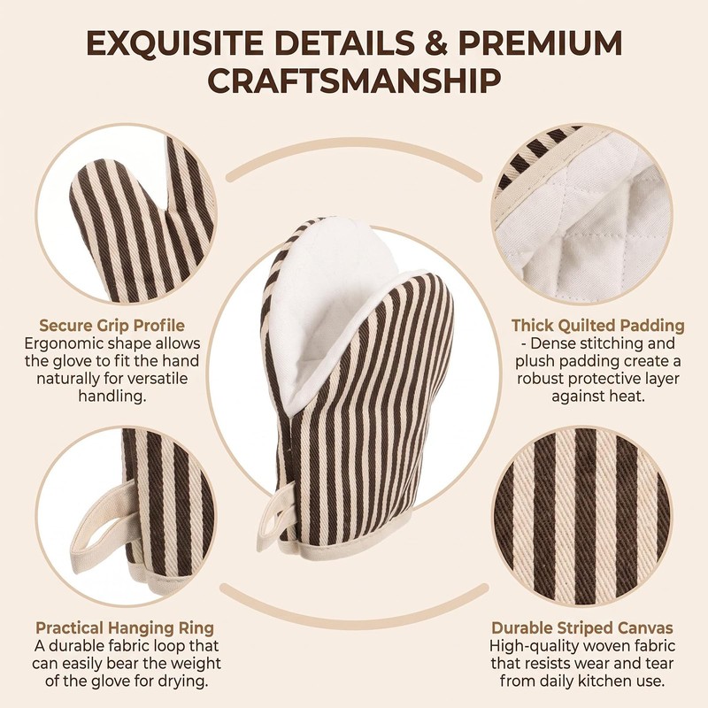 1 Pair Coffee Cotton Heat Resistant Striped Mini Oven Mitts