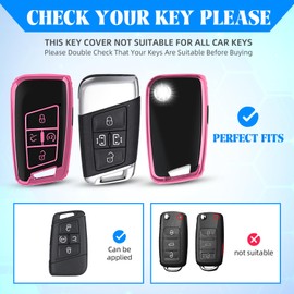 QBUC for Volkswagen Key Fob Cover, TPU Protection Key Case 5 Buttons Compatible with VW Tiguan Atlas Jetta Passat Golf Alltrack Arteon Accessories Smart Key (Black-Pink)
