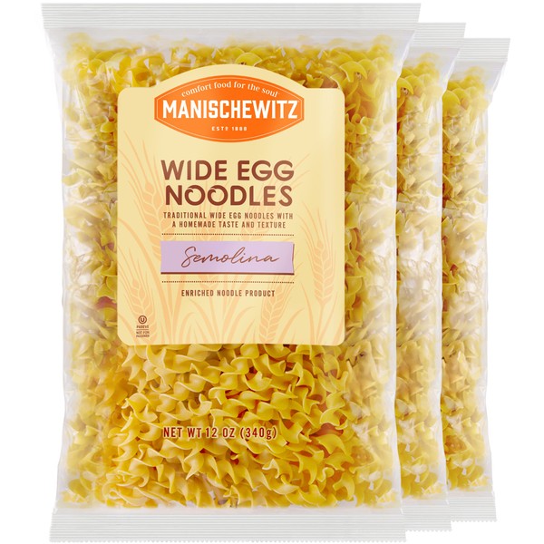 Manischewitz Homestyle Wide Egg Noodles 12oz (3 Pack) | Homestyle Pasta Taste & Texture, Premium Enriched, Low Sodium, No Preservatives