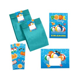 12 Invitation Cards for Children's Birthday Party Swimming Pool Party Boys Girls Invitation Girls Birthday Boy's Birthday Includes 12 Envelopes, 12 Party Bags / Petrol Blue, 12 Stickers and 12