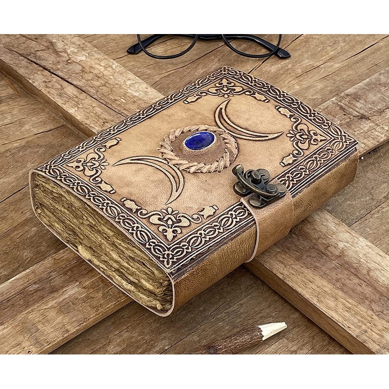 ALCRAFT Handmade Vintage Leather Journal with Semi Precious Stones Black