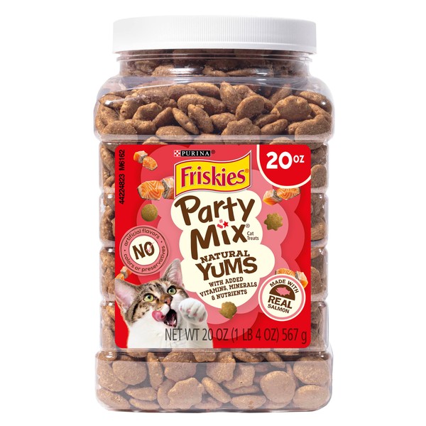 Purina Friskies Natural Cat Treats Party Mix Natural Yums With Real Salmon and Added Vitamins, Minerals and Nutrients - 20 oz. Canister