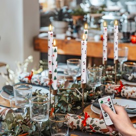 GenSwin Christmas Flameless Taper Candles with Remote Timer, 6 Pcs LED Taper Candles with Christmas Tree Santa Snowman Decals, Battery Operated Candlesticks for Christmas Home Decor(0.78” x 9.6”)