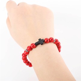 Lava Volcanic Stone Beaded Turquoise Cross Stretch Bracelet 8MM Natural Stone Healing Cross Religious Christian Prayer Elastic Bracelets for Women Men Good Luck Protection Amulet Jewelry Gifts (Red)