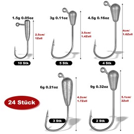 Annyswit 24 Pieces/5 Sizes Tube Jig Heads with Fishing Hooks Set 9g 6g 4.5g 3g 1.5g Small Sharp Jig Heads Jig Hooks with Tube Lead Balls for Rubber Fish & Rubber Bait Soft Bait Red Worms