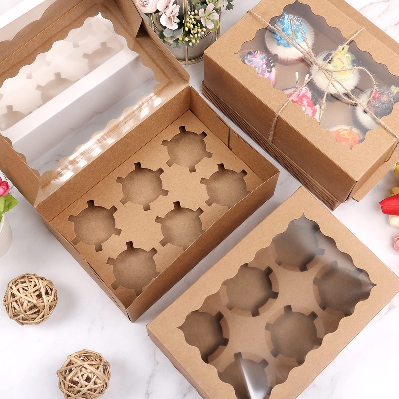 MAMUNU 10PCS 6 Cavity Cupcake Boxes with Window and Inserts,