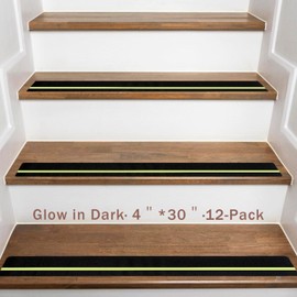 Dynta Anti Slip Traction Treads with Glow in Dark Stripe, 4" X 30", Stair Treads Non Slip Tape, 12 Pack, Waterproof, Skateboard Grip Tape, High Traction Friction, Abrasive Adhesive for Stairs
