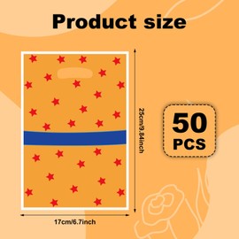 SAVITA 50pcs Anime Party Favors Goodie Bags, Plastic Yellow Blue and Red Stars Prints Cookies Candy Treat Gift Bags with Handles for Kids Boys Girls Cartoon Birthday Party Decoration Supplies