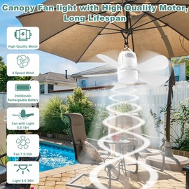 Gliztech Canopy Fan 20'', 20000mAh Portable Outdoor Ceiling Fan with Light with Remote Control and Extension Hook, Easy Operation Battery Powered Fan Light for Gazebo, Tent, Patio, Camping