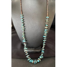 Native American Kingman Turquoise Shell Navajo Sterling Silver Necklace 28" 17398