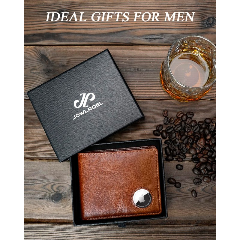 Jowlroel AirTag Wallet Mens - Genuine Leather Bifold RFID Blocking