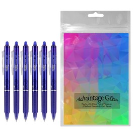 Advantage Gifts Frixion Clicker Retractable Erasable Gel Pens Fine Point (.7mm) Blue Ink 6-pk; Bundle with Plastic Reusable Pouch