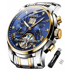 OLEVS Black Mens Automatic Watches Self Winding Mechanical Skeleton Tourbillon Luxury Diamond Business Dress Date Wrist Watches for Men Waterproof Luminous Blue