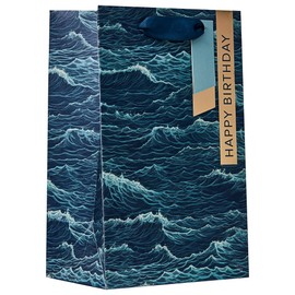 Design By Violet Umi Small Gift Bag – Ocean Wave Print with Gold Foil Happy Birthday Message & Printed Sea Water Interior – Luxury Paper Bag for Birthdays