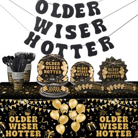 Zhehao 171 Pcs Older Wiser Hotter Party Supplies Disposable Happy Birthday Party Dinnerware Set with Plates Napkins Funny Banner Tablecloth Decoration for Women 30th 40th 50th 60th 70th 80th Birthday