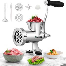 Huanyu Meat Grinder Manual Stainless Steel with Sausage Stuffer and Two Plates, Compact with Table Clamp, Heavy Duty for Chicken, Beef, Small Bone, Chili M8