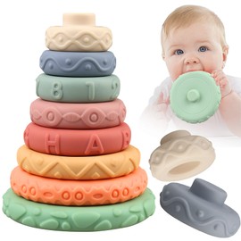 Miawow 8 Pcs Stacking Rings Soft Toys for Babies Newborn 0 3 4 5 6 12 18 Months 1 Year Old Girls Boys - Toddler Sensory Educational Montessori Baby Blocks - Infant Development Teething Learning Tower
