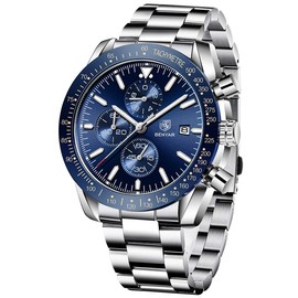 BENYAR Men's Watch Quartz Sports Chronograph Fashion Business Luxury Brand Waterproof Watch Analog Date Men's Brown Leather Watch for Men (Steel Silver Blue)